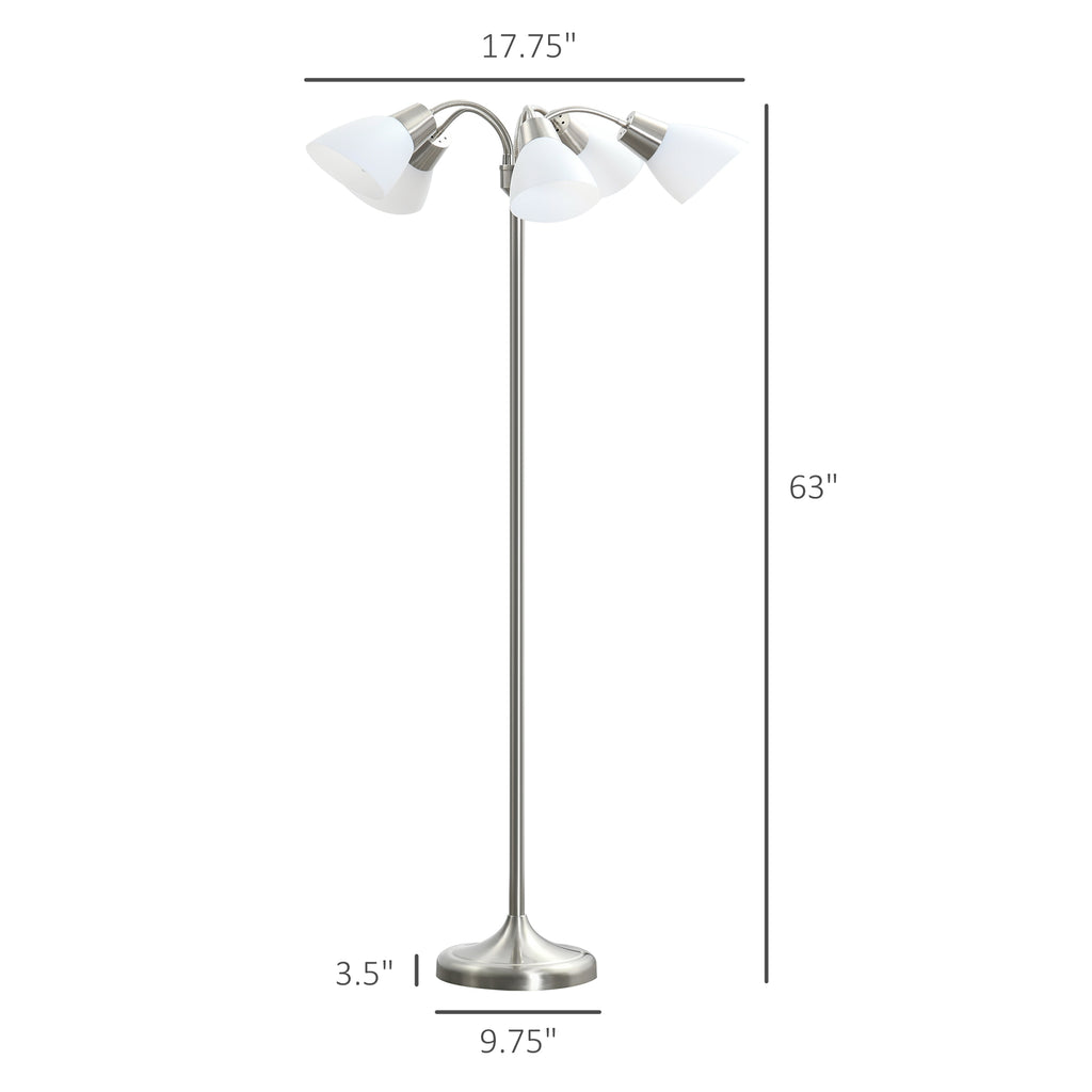 Arc Tree Floor Lamp with 5 Adjustable Rotating Lights, Modern Standing Gooseneck Reading Light for Living Room Bedroom Office, Satin Nickel