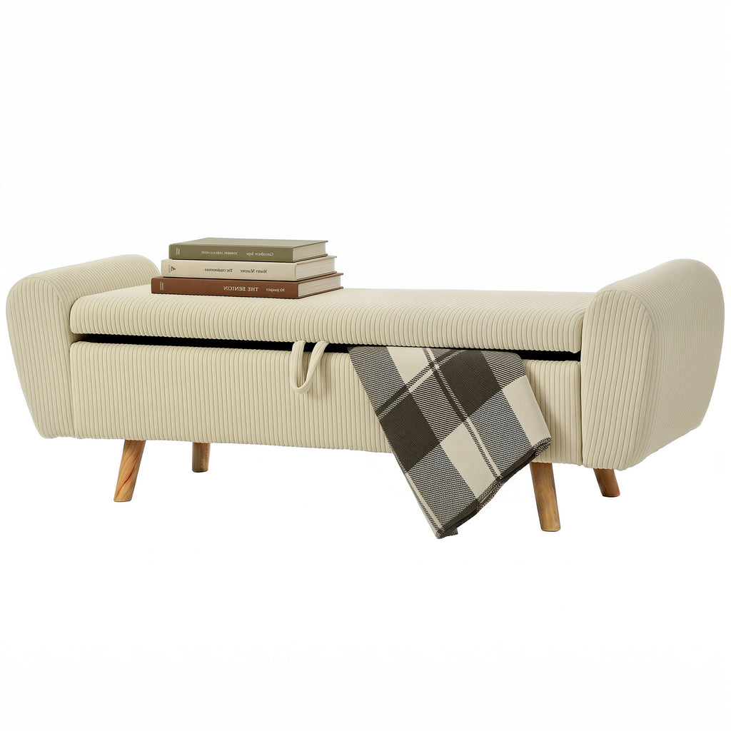 Storage Ottoman, 59" Corduroy End of Bed Storage Bench for King Size Bed with Wooden Legs and Rolled Arms, Beige