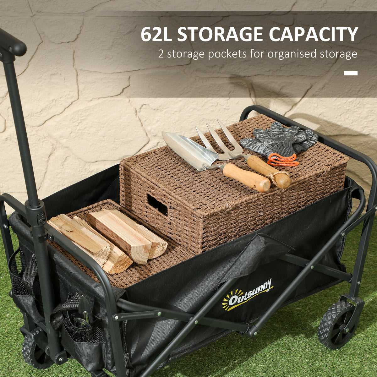 Collapsible Folding Garden Cart, Heavy Duty Lawn Wagon with Universal Wheels and Adjustable Handle, Black