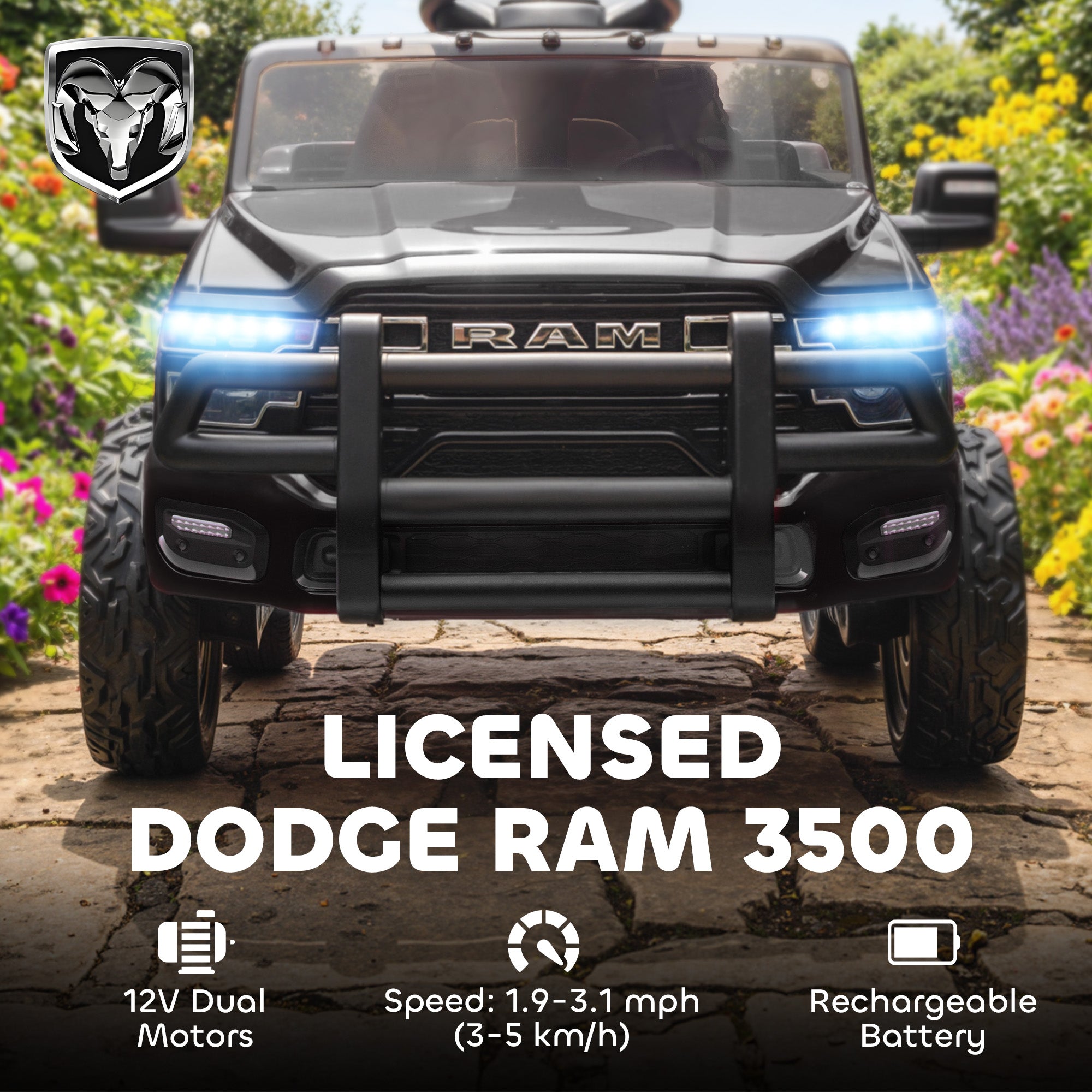 Qaba 12V መኪና ንምዝዋር፣ ፍቓድ ዘለዎ Dodge RAM 3500 ኤሌክትሮኒካዊት ማኪና ምስ ሪሞት መቆጻጸሪ፣ ንዕድመ 3-5 ዓመት ዝኸውን ሰስፐንሽን፣ ጸሊም