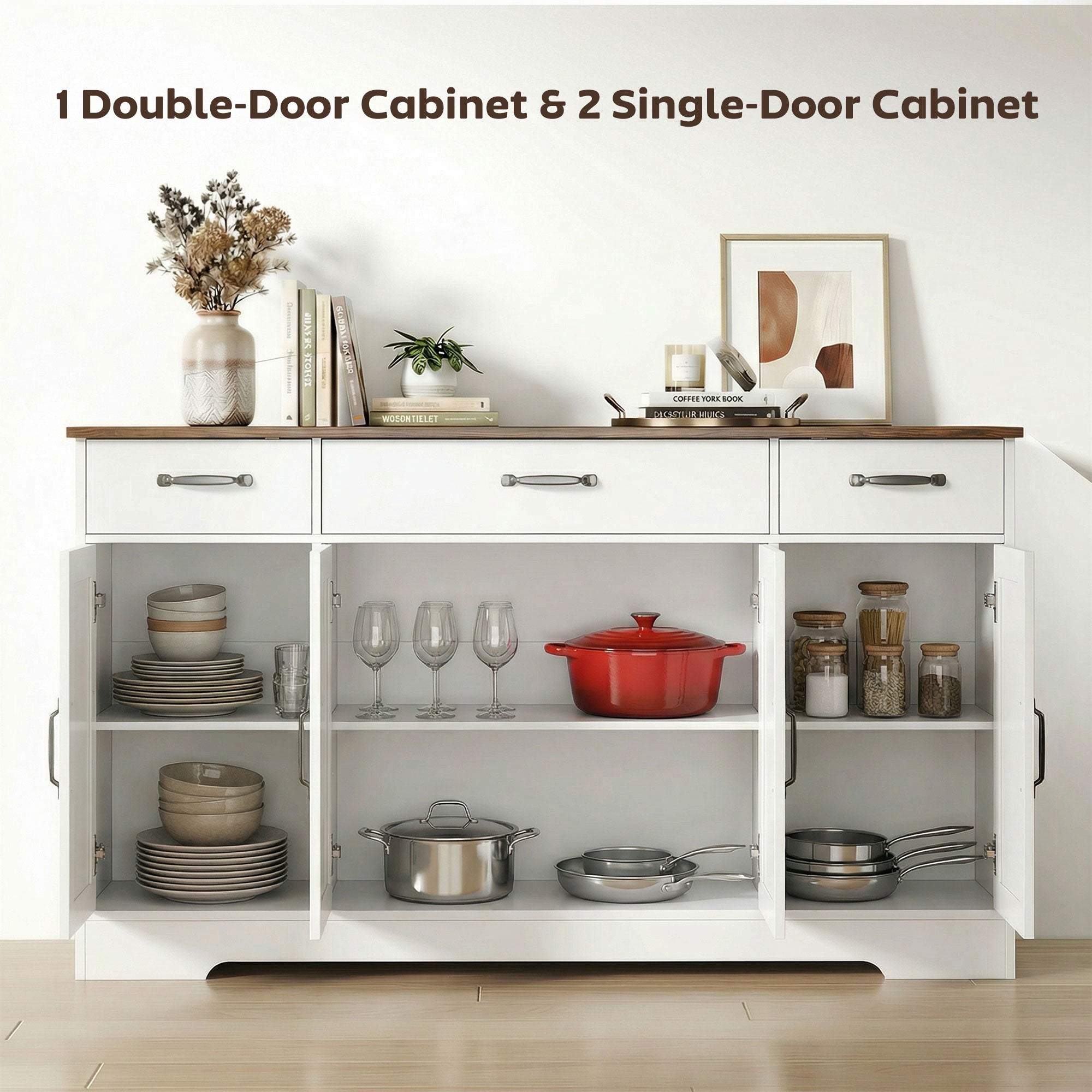 Sideboard Buffet Cabinet, 55" Farmhouse Kitchen Cabinet with 4 Barn Doors, 3 Drawers, 3 Adjustable Shelves, White