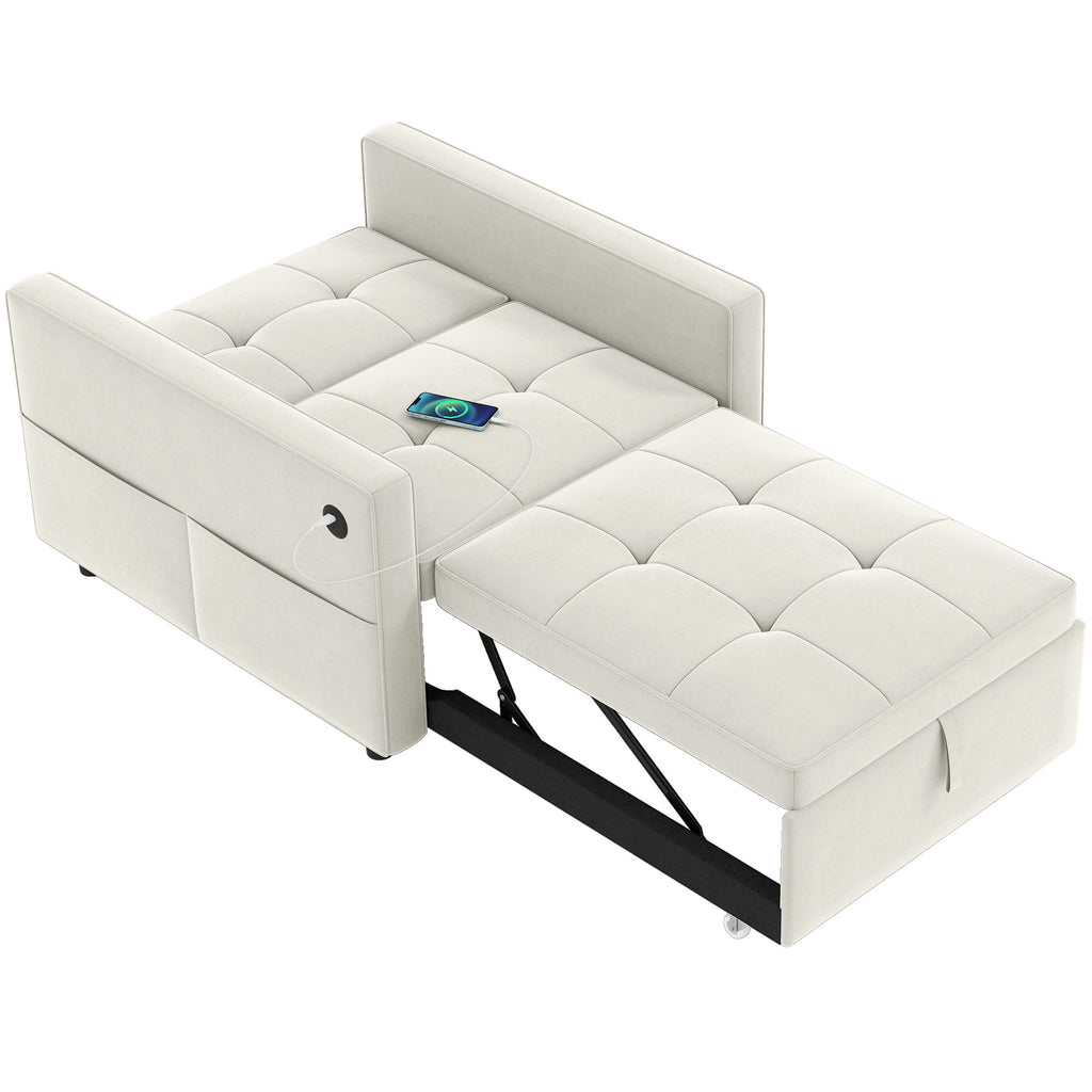 Convertible Chair Bed, Pull Out Sleeper Chair with USB, Adjustable Backrest, Small Velvet Futon Sofa Bed, Cream White