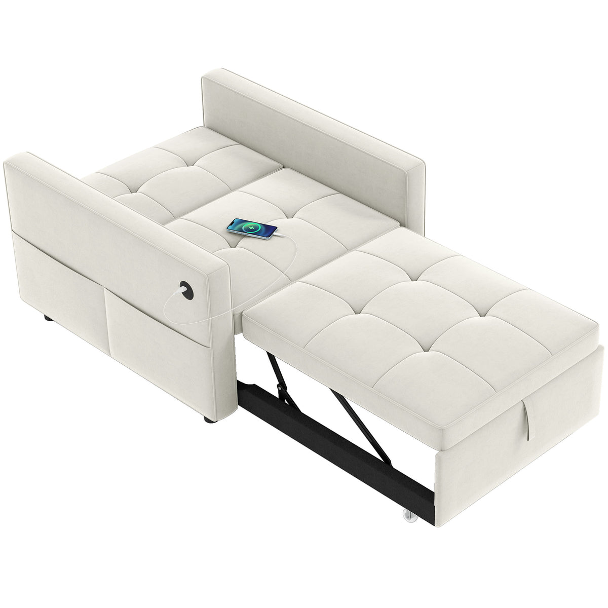 Convertible Chair Bed, Pull Out Sleeper Chair with USB, Adjustable Backrest, Small Velvet Futon Sofa Bed, Cream White