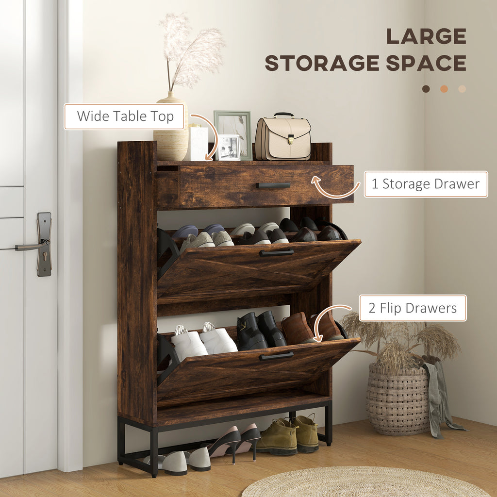 Slim Shoe Storage with 2 Flip Drawers and Adjustable Shelves Shoe Cabinet Organizer for 12 Pair, Rustic Brown