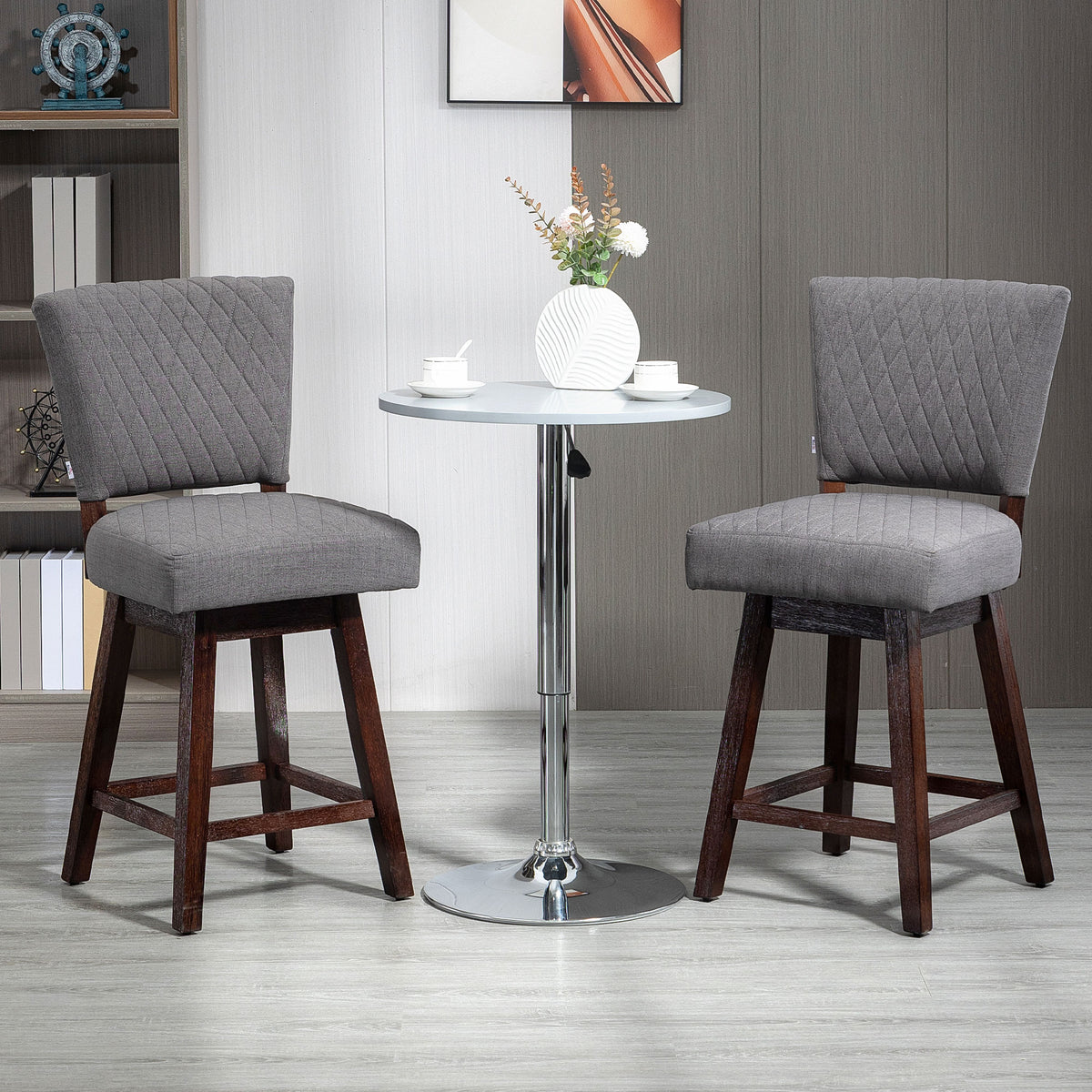 2 Pieces Swivel Bar Stools, Counter Height Stools Set of 2 with Wood Legs and Footrests for Dining Room, Dark Grey
