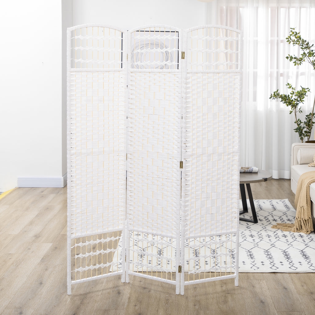 4 Panel Folding Room Divider, Portable Privacy Screen, Wave Fiber Room Partition for Home Office, White