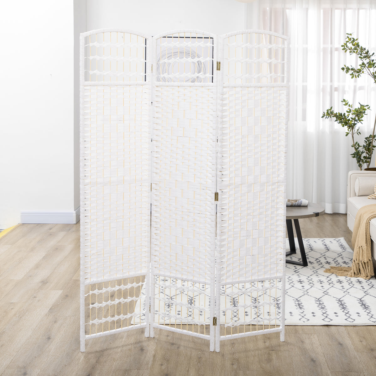 4 Panel Folding Room Divider, Portable Privacy Screen, Wave Fiber Room Partition for Home Office, White