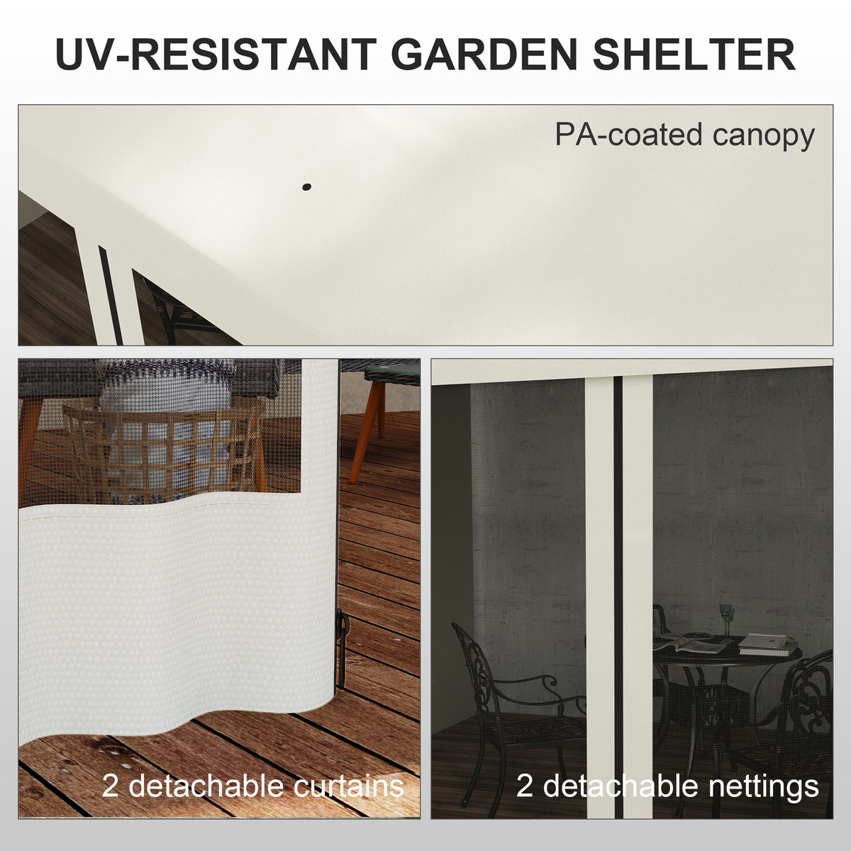 10' x 13' Wall Pergola, Outdoor Gazebo with 2 Curtains and 2 Nettings, UV Resistant, for Patio, Deck,  Beige