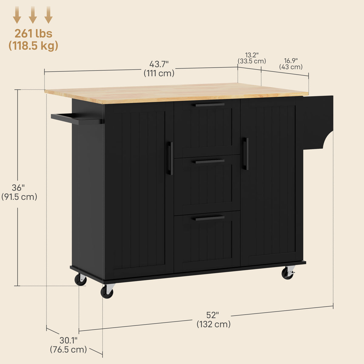 Rolling Kitchen Cart on Wheels with Drop Leaf, Kitchen Island with 3 Drawers, Solid Wood Top and Towel Rack, White
