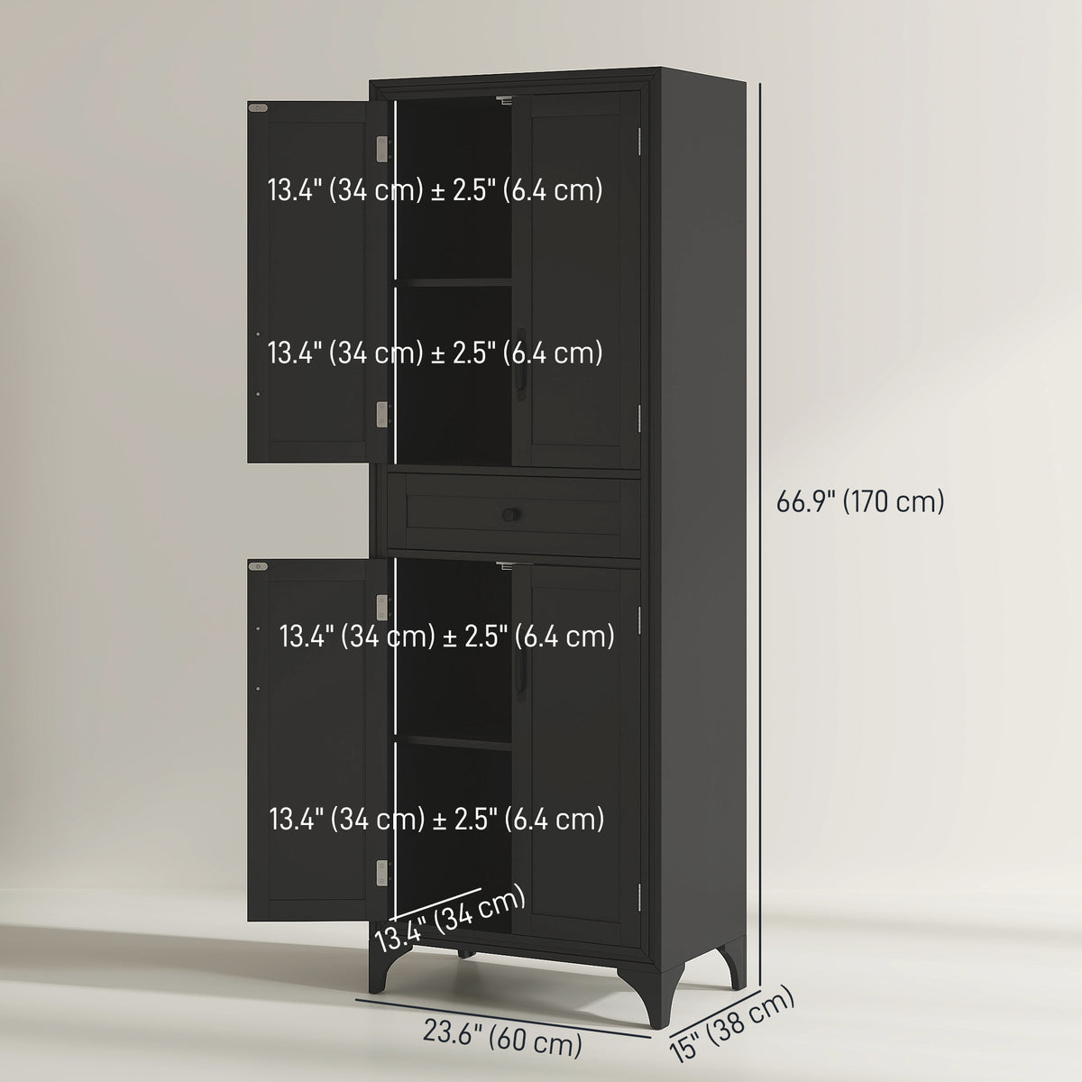 Freestanding Storage Cabinet, Kitchen Pantry Cabinet with 2 Shelves, 4 Doors for Dining Room, Black