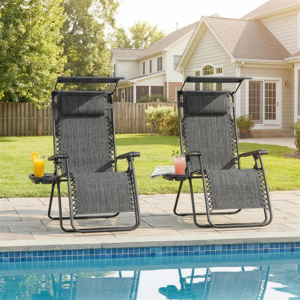 Zero Gravity Chair Set of 2 with Canopy Shade, Outdoor Folding Lounge Chair with Side Tray, Cup Holder, Reclining Lounger with Breathable Mesh Seat and Pillow, Dark Grey