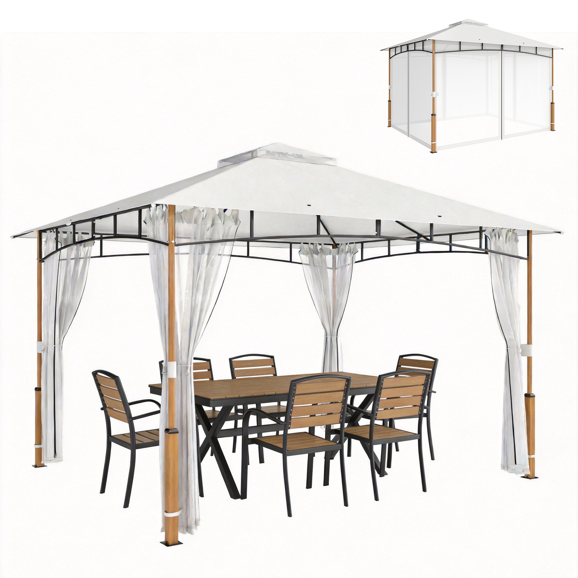 10' x 12' ጋዜቦ ግቢ፡ UPF50+ ድርብ ገረብ ናይ ደገ ጋዜቦ መጠልለ ምስ መርበብ ንድሕሪት ግቢ፡ ንግቢ ግቢ፡ ክሬም ጻዕዳ