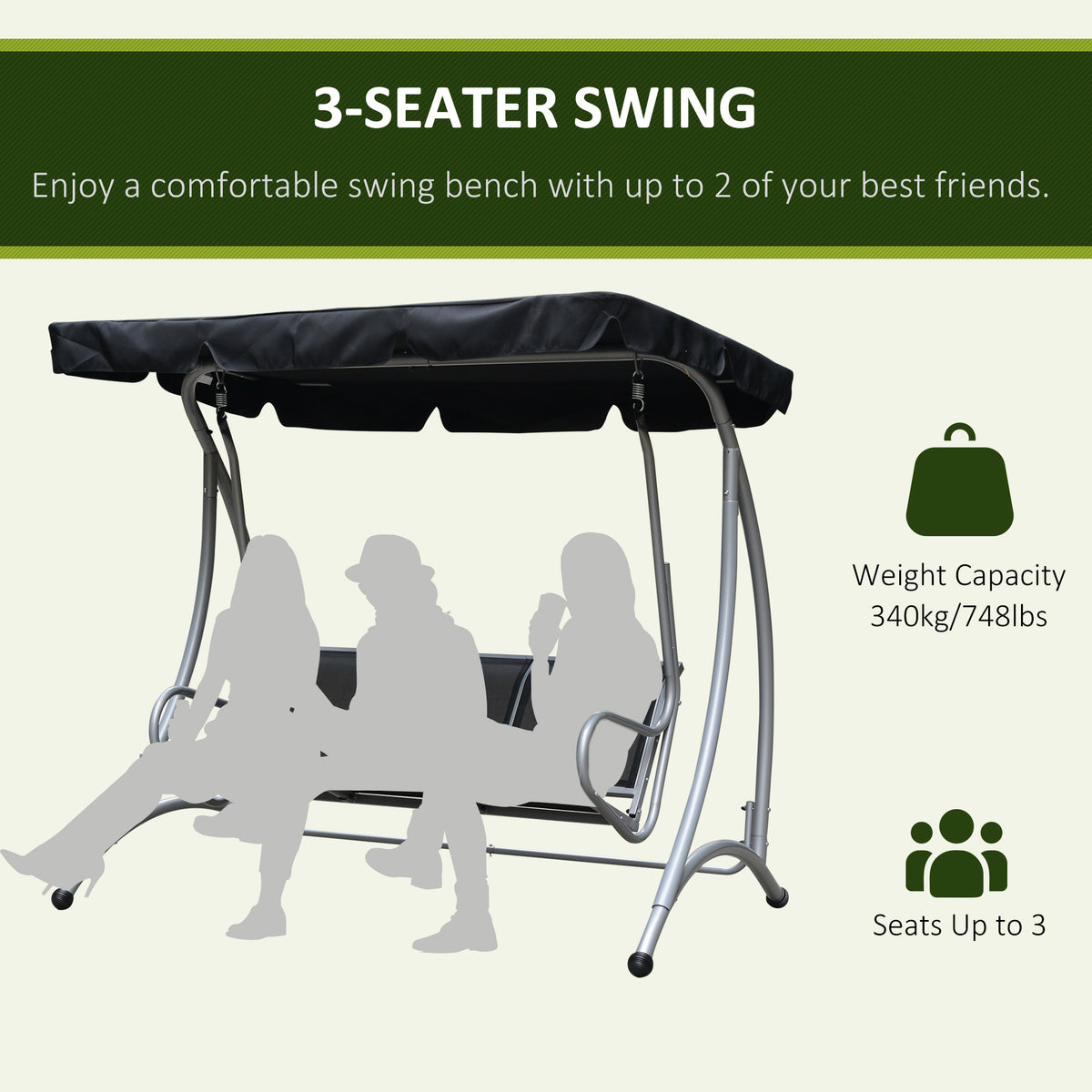 3-Seater Outdoor Swing Chair Bench with Adjustable Canopy, Black