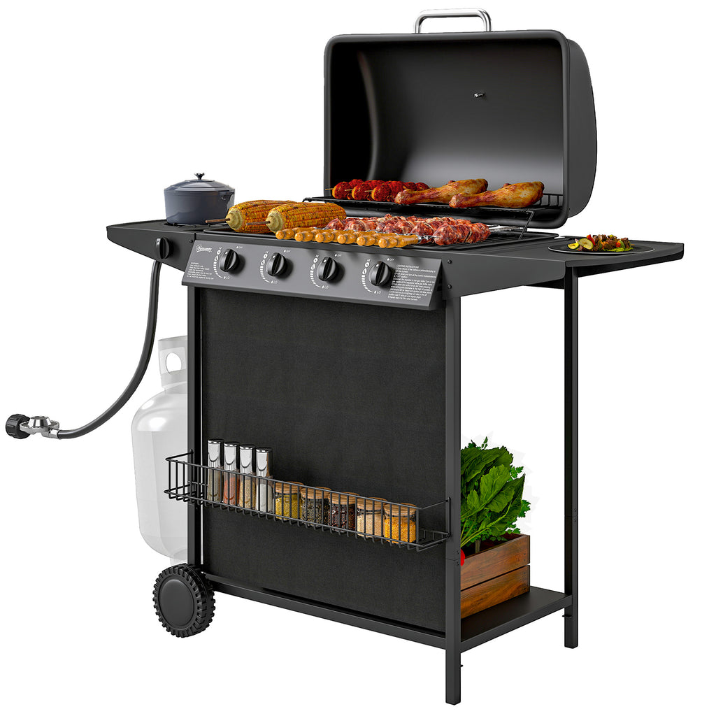 3+1 Burner Propane Gas BBQ Grill, Portable Gas Barbecue Grill with Side Burner, Thermometer, Lid, Side Table, Shelf, Spice Rack, Wheels, Grease Cup for Garden, Black