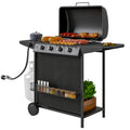 3+1 Burner Propane Gas BBQ Grill, Portable Gas Barbecue Grill with Side Burner, Thermometer, Lid, Side Table, Shelf, Spice Rack, Wheels, Grease Cup for Garden, Black