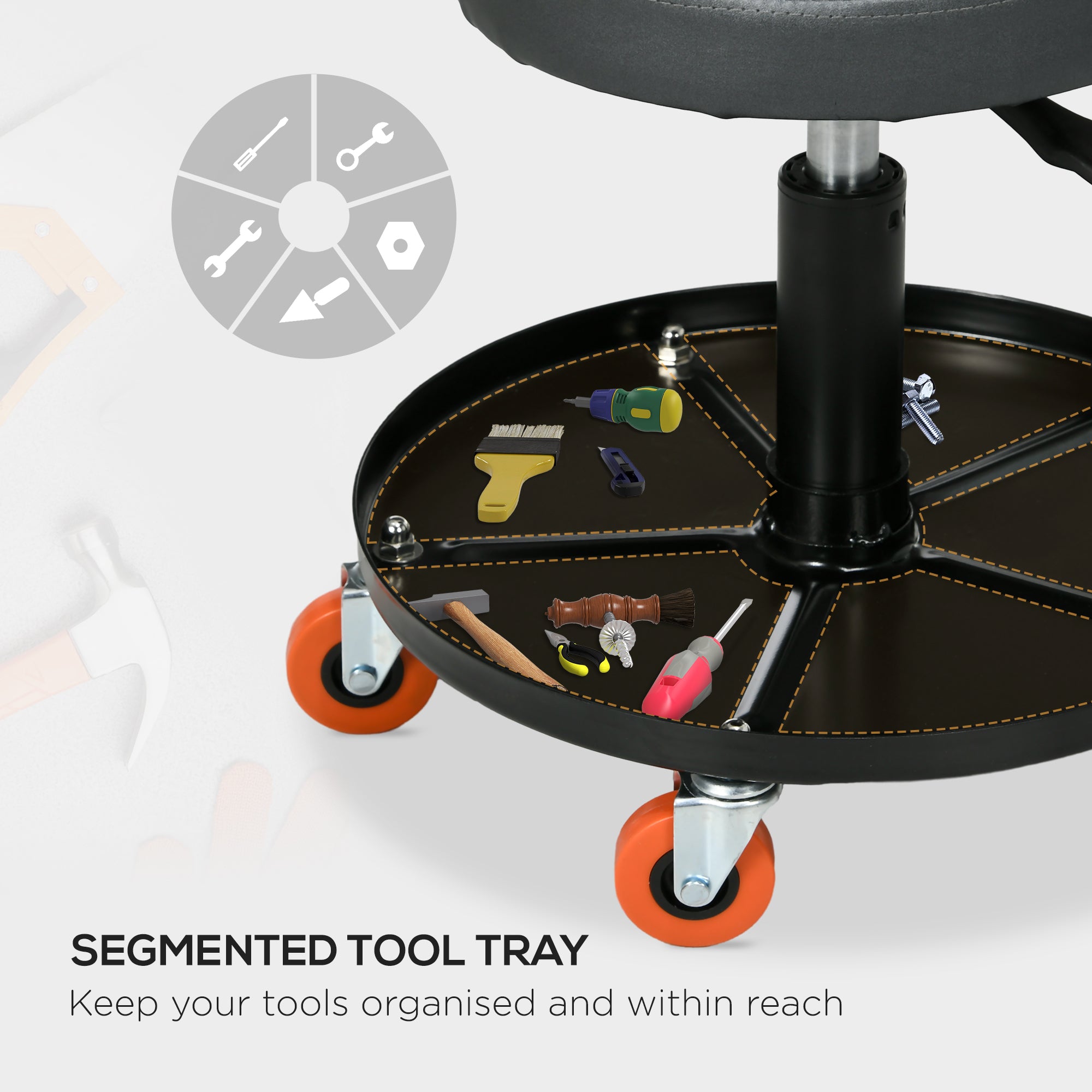 Shop Stool, Pneumatic Adjustable Mechanic Stool, with Tool Tray, Wheels - Black