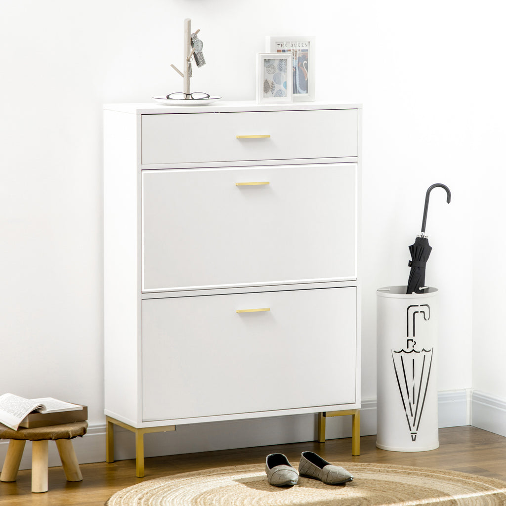 Modern Shoe Cabinet Storage 12 Pair Shoe Organizer with 2 Flip Doors Drawer and Adjustable Shelf White