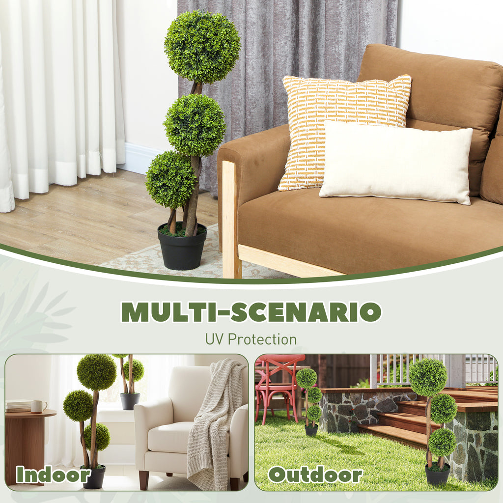 35 Inch 2 Pack Potted Fake Plant, Artificial Boxwood Topiary Trees, Triple Ball Tree for Indoor and Outdoor, Light Green