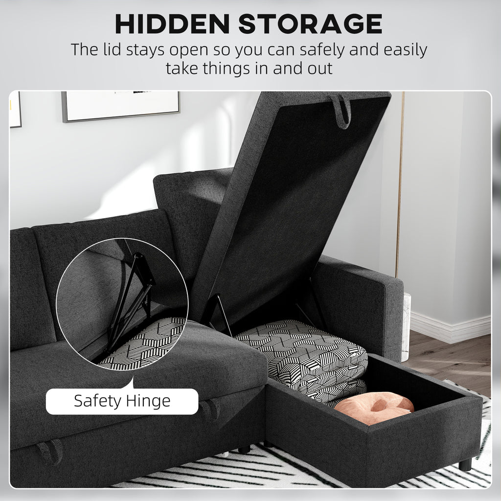 83" Sofa Bed, Pull Out Sleeper L Shaped Sectional Couch with Reversible Storage Chaise, Wide and Deep Seat, Black