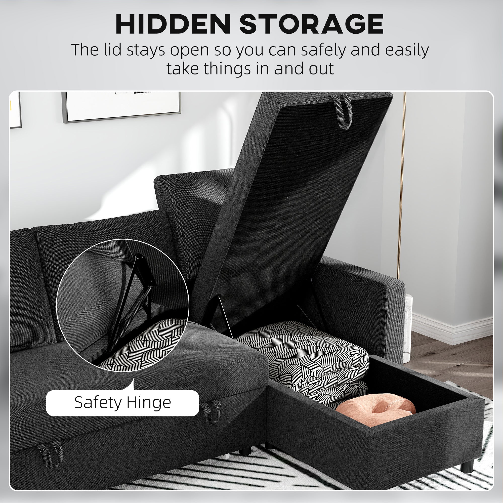 83" Sofa Bed, Pull Out Sleeper L Shaped Sectional Couch with Reversible Storage Chaise, Wide and Deep Seat, Black