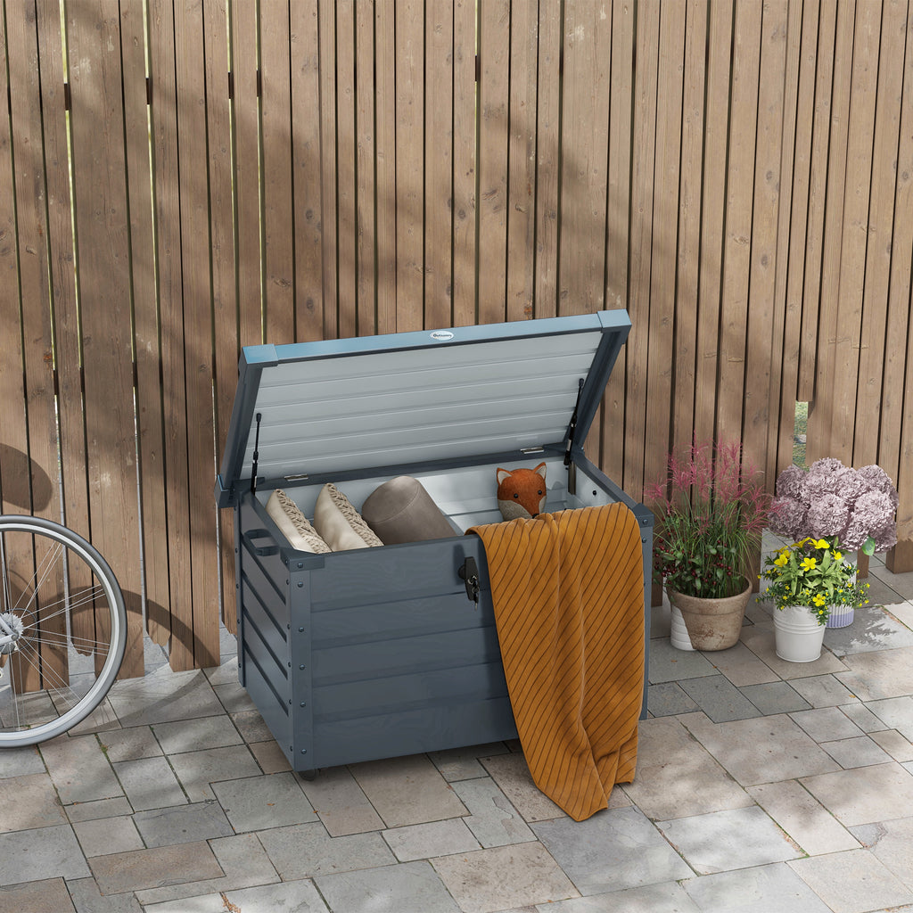 82 Gallon Garden Storage Box, Waterproof Outdoor Storage Container with Wheels and Handles, Dark Grey