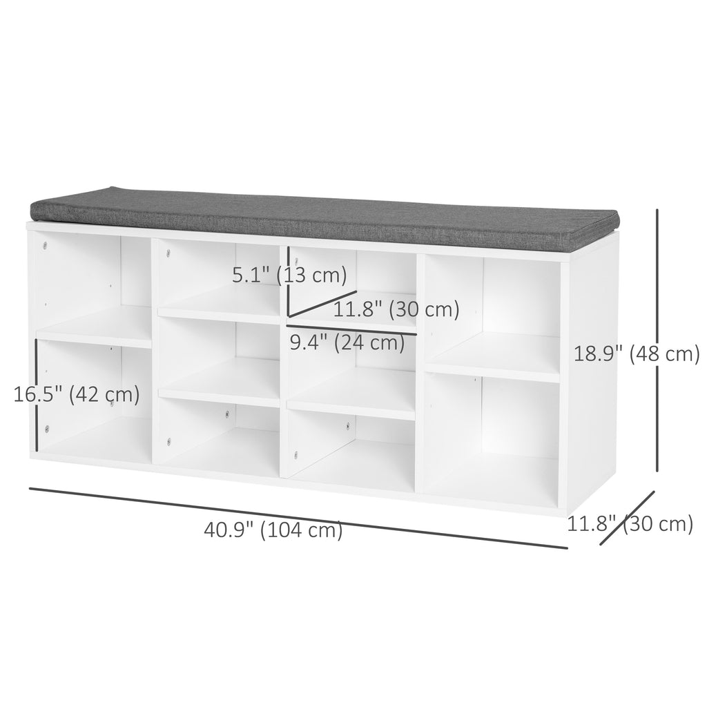 Shoe Bench with Storage, Upholstered Entryway Bench with Adjustable Shelves, Cushion for Living Room, Hallway, White