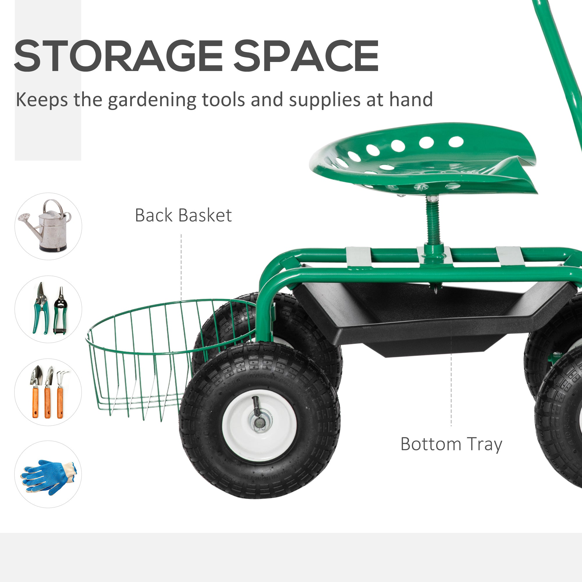 Garden Scooter, Rolling Cart with Swivel and Adjustable Seat, Tool Tray, Bucket Basket, Red and Black