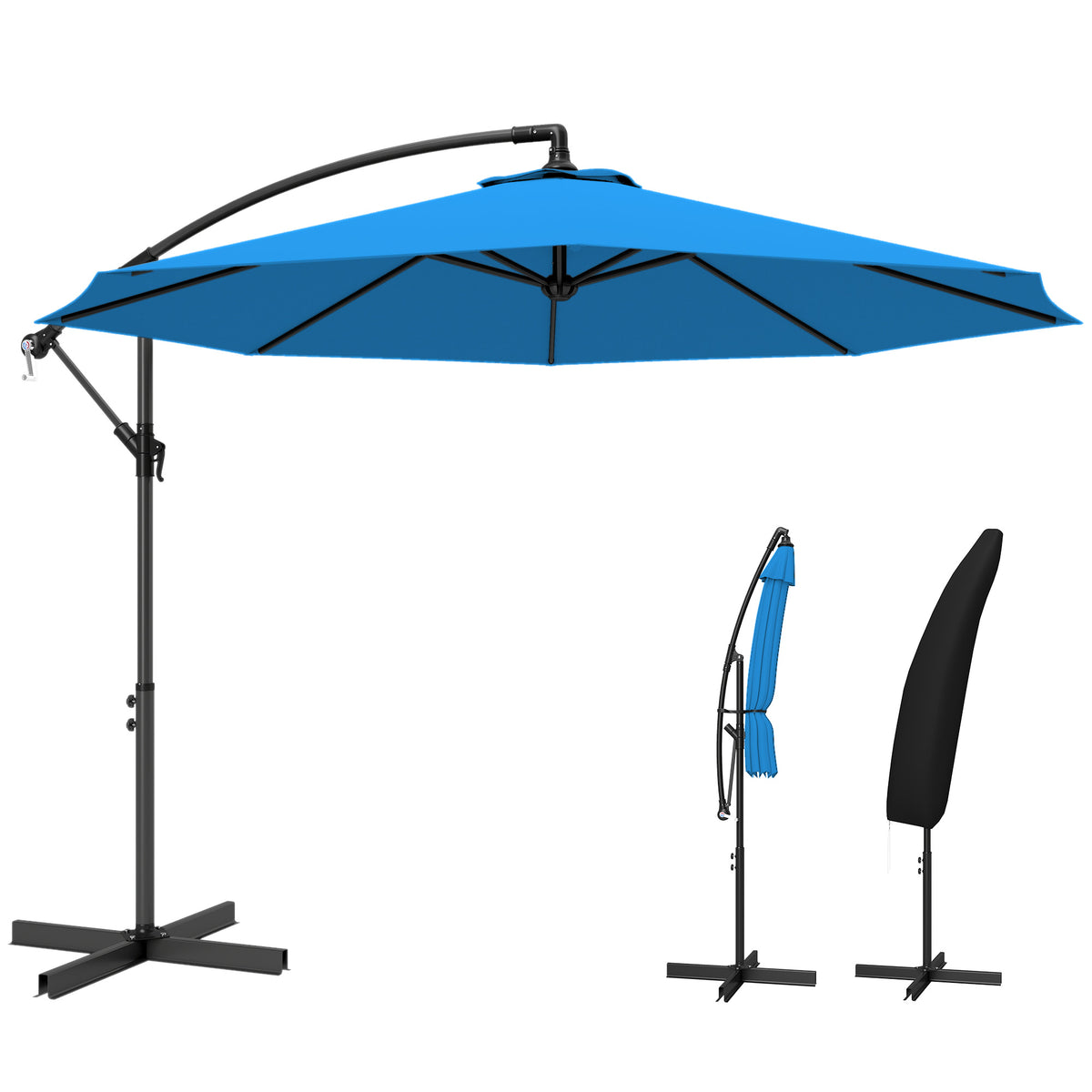 10ft Offset Patio Umbrella with Base, Garden Hanging Parasol with Crank, Banana Cantilever Umbrella Sun Shade, Blue