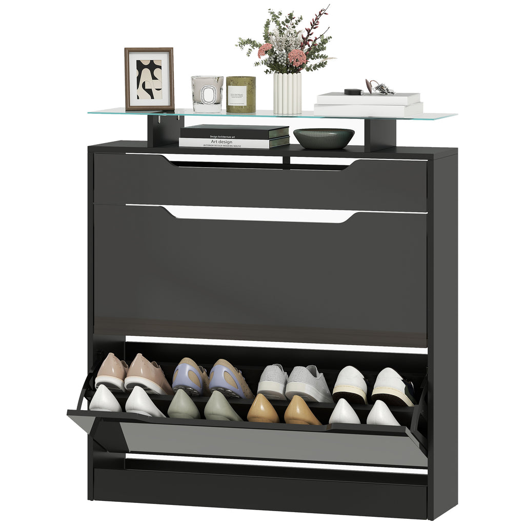 High Gloss Shoe Cabinet with 2 Flip Drawers and Adjustable Shelves, Narrow Shoe Storage Cabinet with Glass Top, White