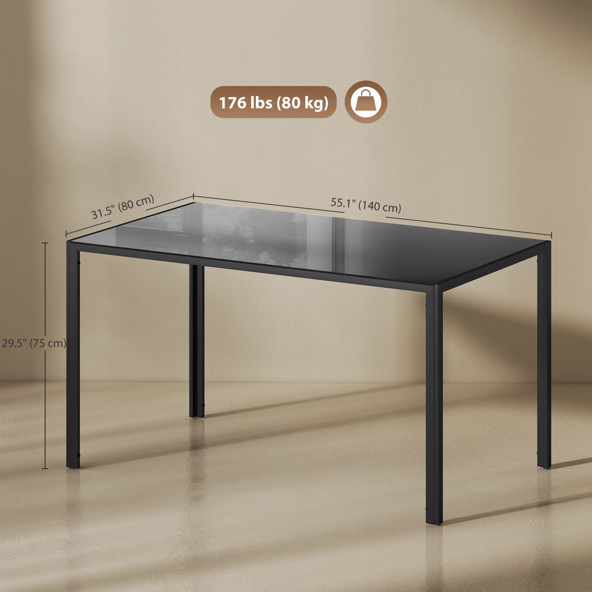 Rectangular Kitchen Table for 4 People, Dining Table with Tabletop Tempered Glass for Dining Room, Living Room, Black