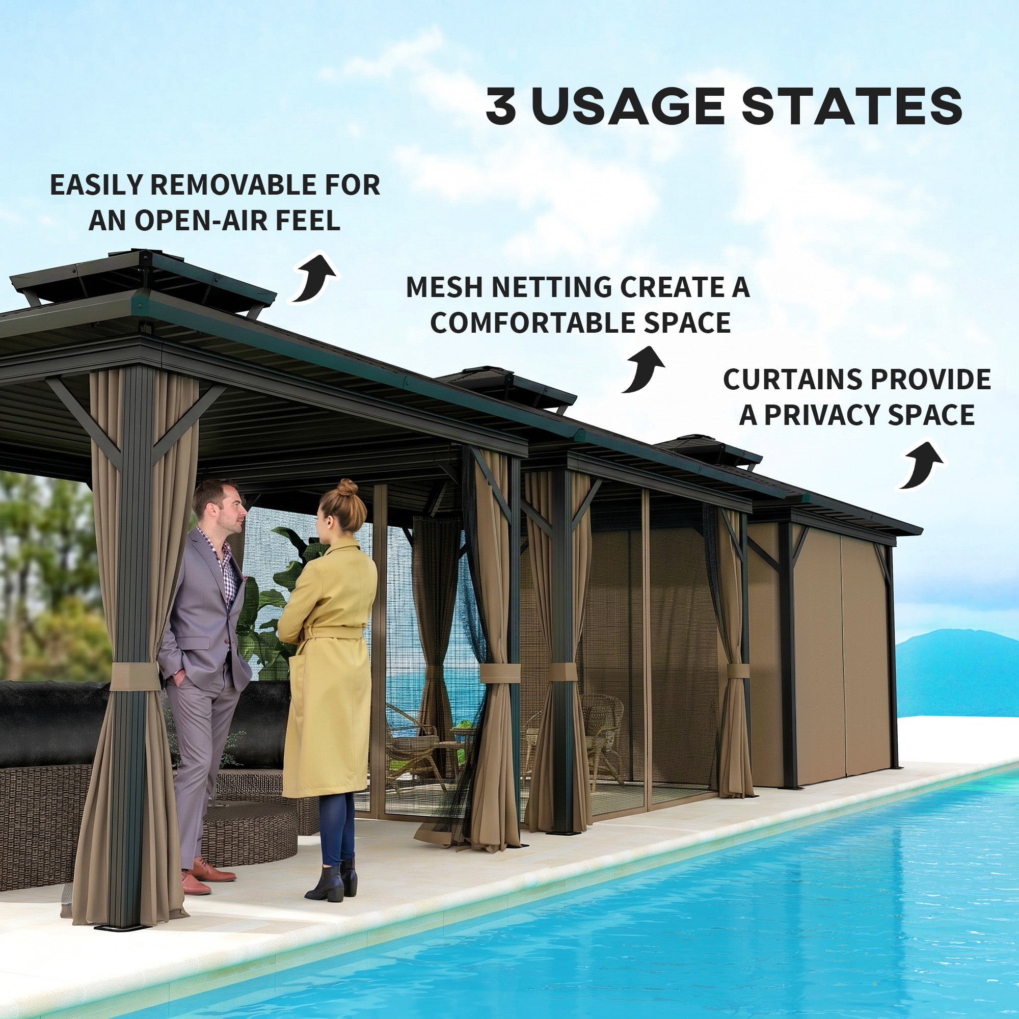 10' x 10' Hardtop Gazebo, Sun Shelter with Double Tier Metal Roof, Mosquito Netting, and Hanging Hook, Dark Brown