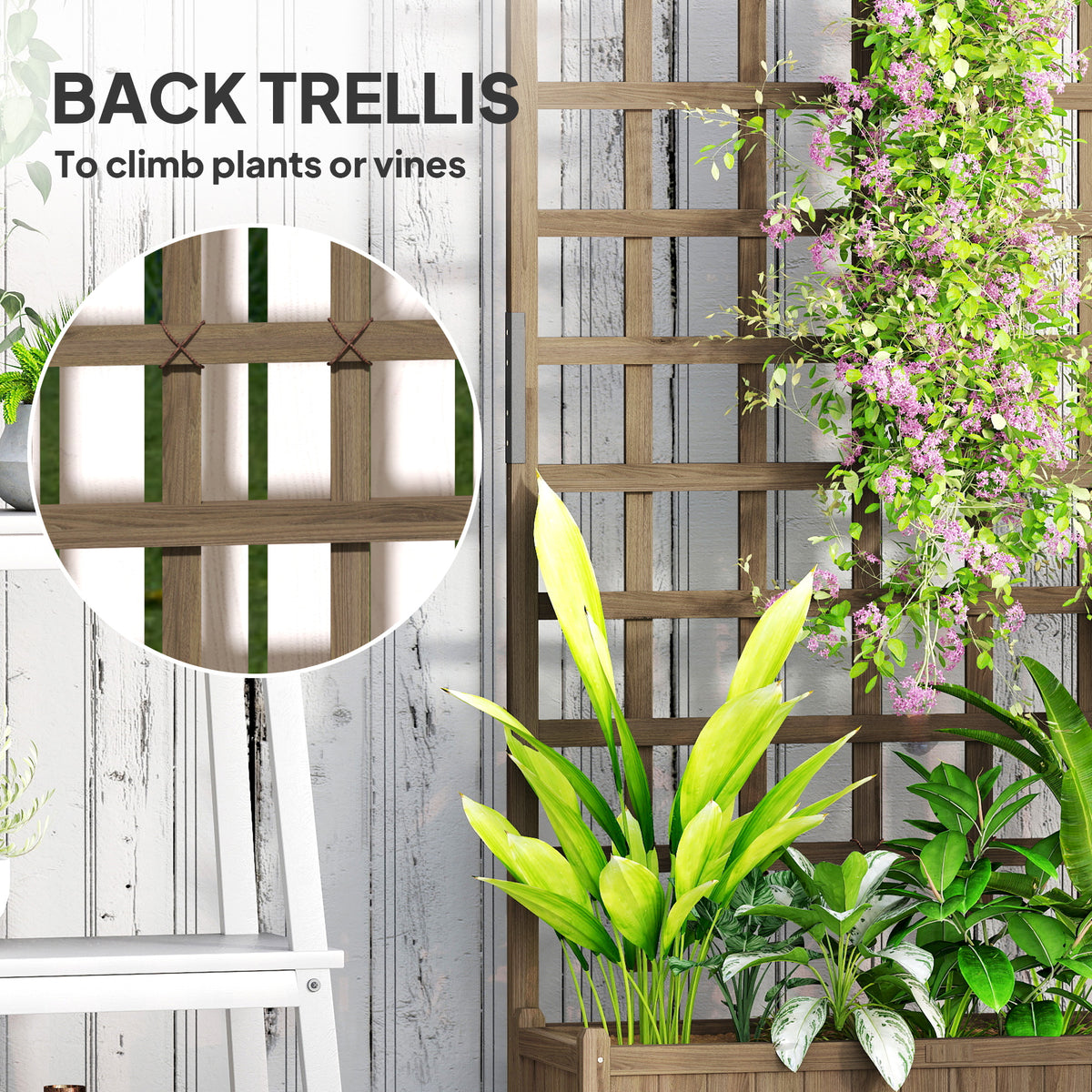 Wooden Planter with Trellis, Raised Garden Bed with Wheels, Drainage Holes for Climbing Plants, Flowers, Brown