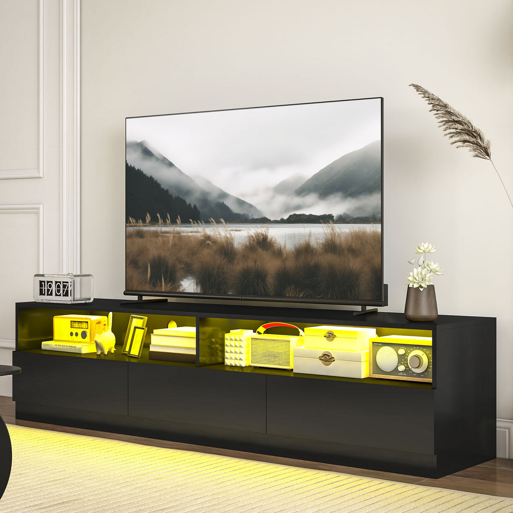 LED ብርሃን ዘለዎ ቲቪ ስታንድ ክሳብ 75" ቲቪ ዝድግፍ፣ ዘመናዊ ቲቪ ካቢኔት ምስ መደርደሪ መሳልብ ንእንዳ መዕበዪ፣ ልዑል ግላይ ጻዕዳ