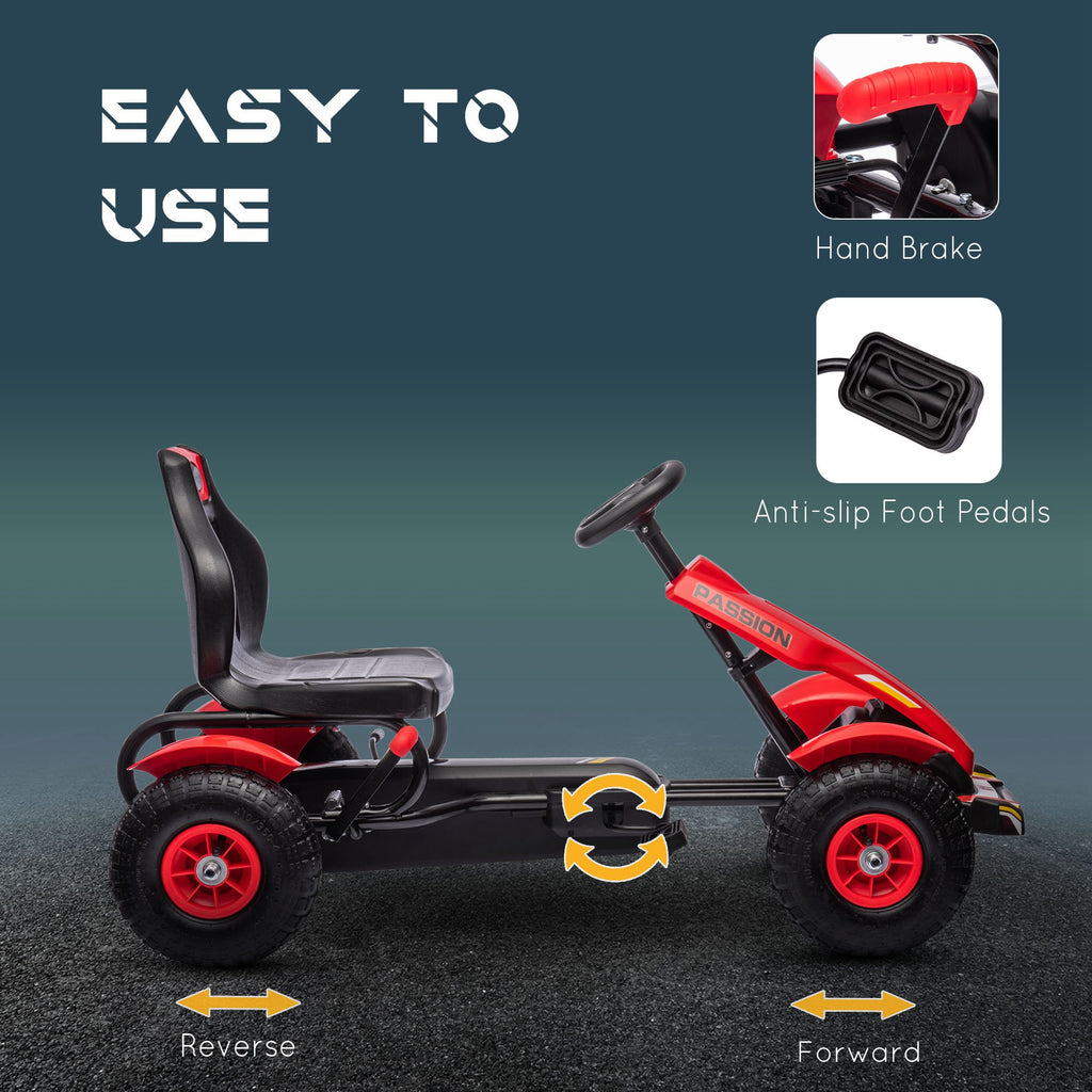 Aosom Pedal Go Kart ንህጻናት፣ ብፔዳል ዝኸይድ ማኪና ምስ ዝስተካከል ባኬት፣ ሃንድብሬክ፣ 4 ጎማታት ርበር፣ ቀይሕ