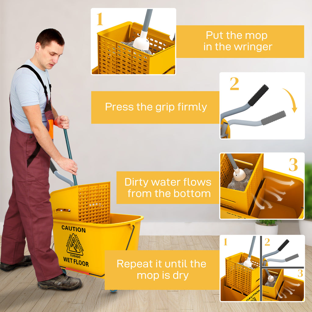 Mop Bucket with Wringer on Wheels for Floor Cleaning, 21 Quart Side Press Wringer with Handle and Mop, Yellow
