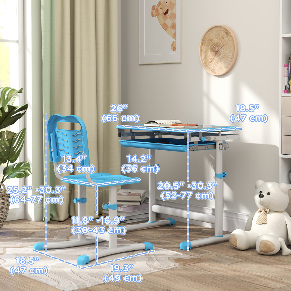 Qaba Height Adjustable Study Table and Chair Set with Drawer, Pen Slot, Tiltable Desktop, Hook, Blue