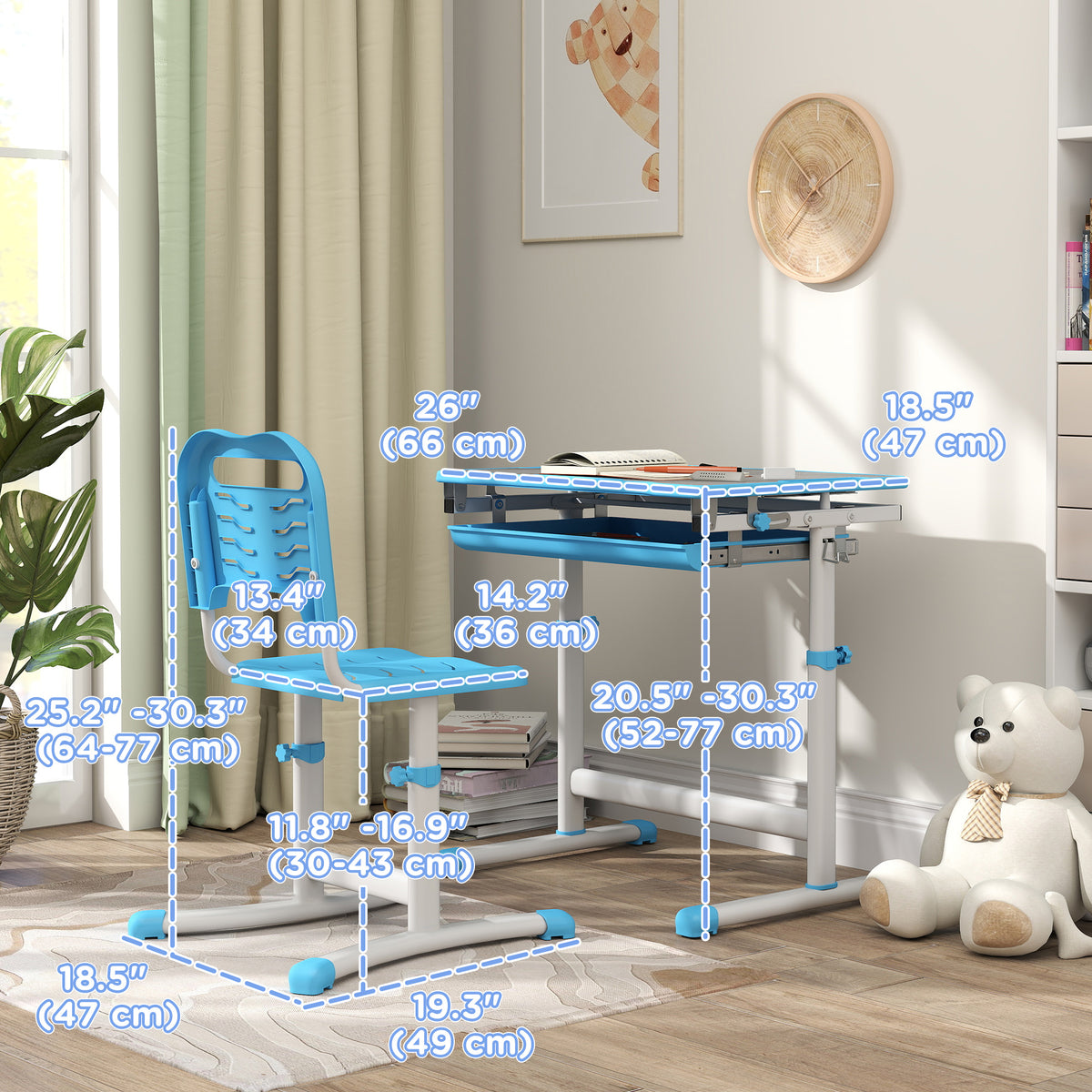 Qaba Height Adjustable Study Table and Chair Set with Drawer, Pen Slot, Tiltable Desktop, Hook, Blue