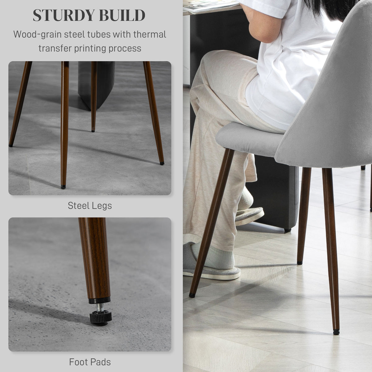 Upholstered Dining Chairs Set of 4, Velvet Accent Chair with Back and Wood-grain Steel Leg for Kitchen, Grey