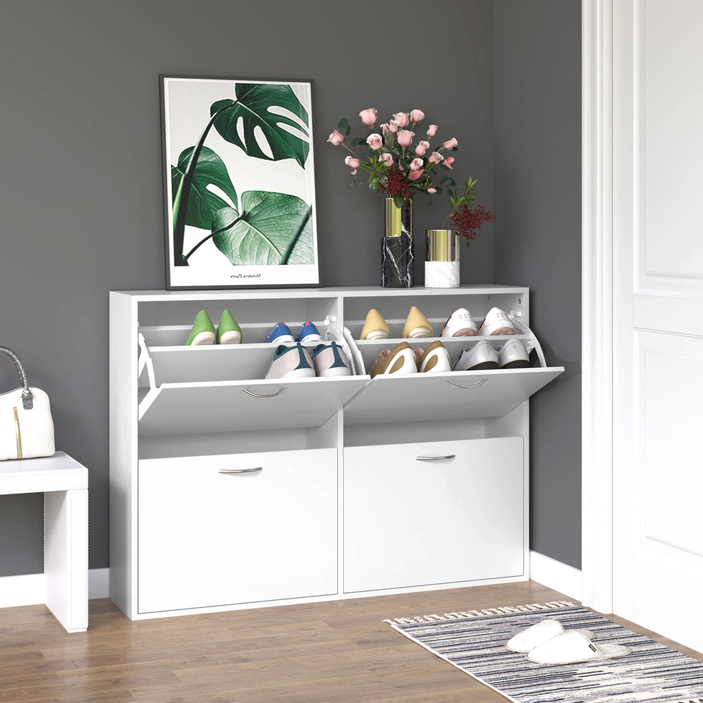 Flip Down Shoe Rack, Multi Cabinet, Wooden Shoe Shelf, Entryway, 4 Drawer Organizer, Freestanding Unit, White