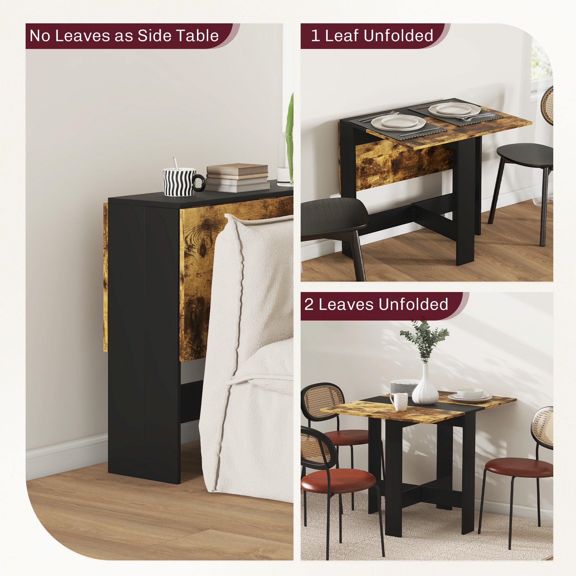 Drop Leaf Dining Table Wood Folding Table Multi-Use Side Table Dining Desk Space Saving Table, Rustic Brown and Black