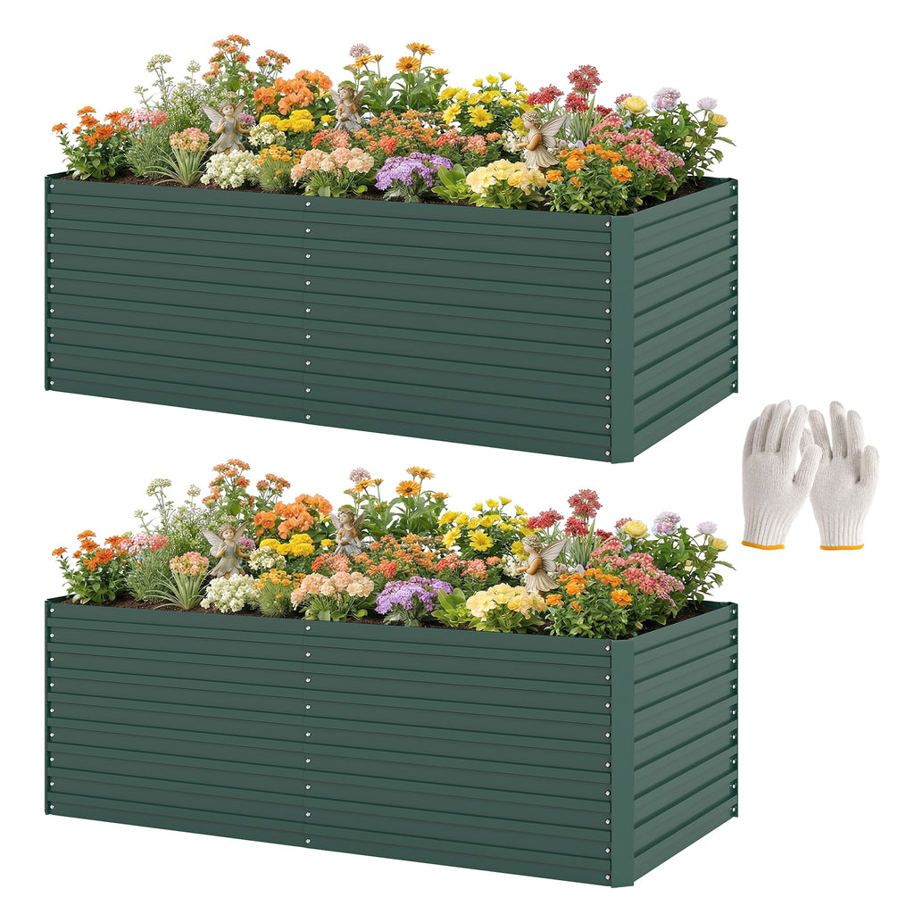 Set of 2 Galvanised Raised Garden Bed, 6 x 3 x 2 ft Metal Garden Bed with Safe Edging, Green