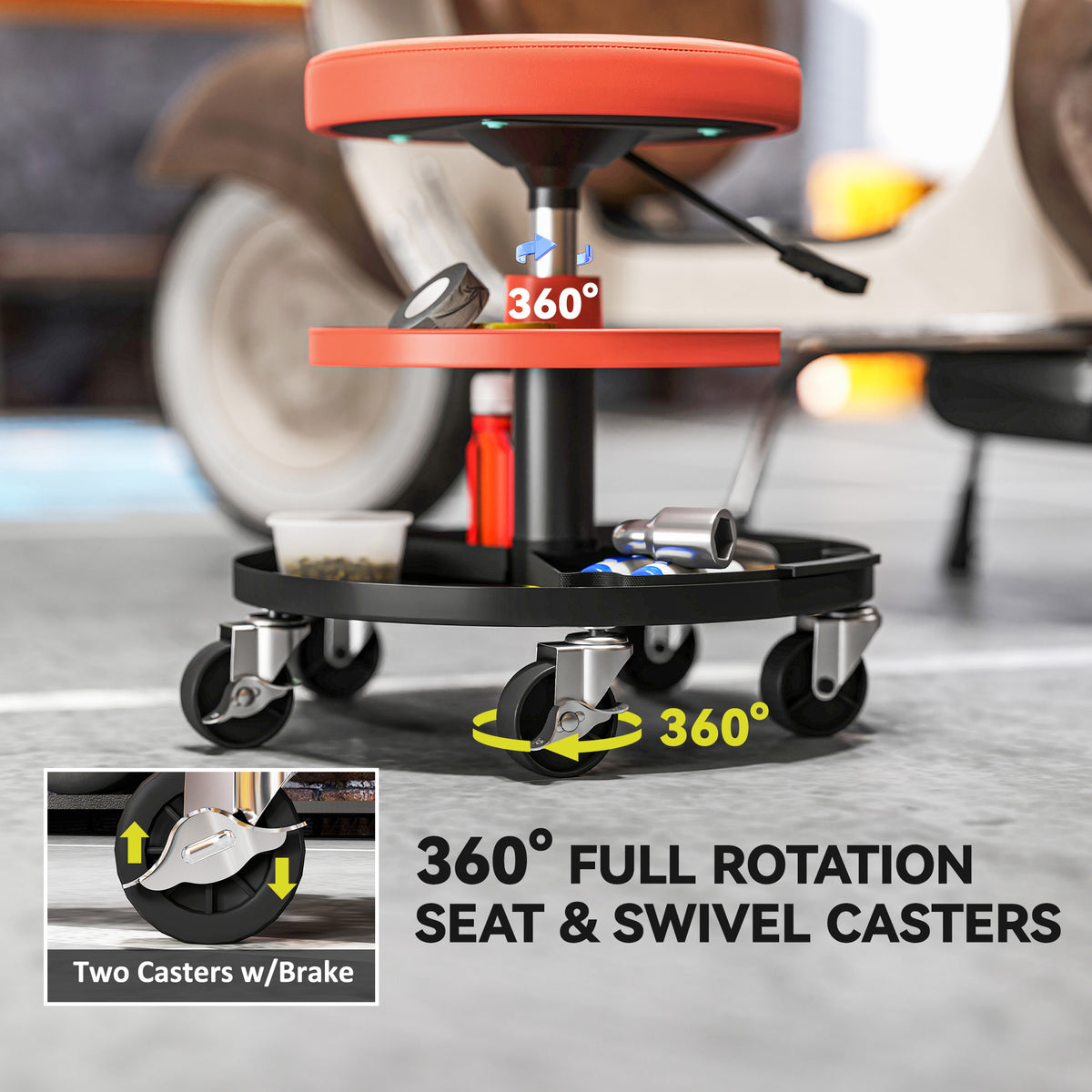 Rolling Garage Stool, 300 LBS Capacity Mechanic Stool with 2.5" Wheels, Tool Trays Storage, Adjustable Height, Orange