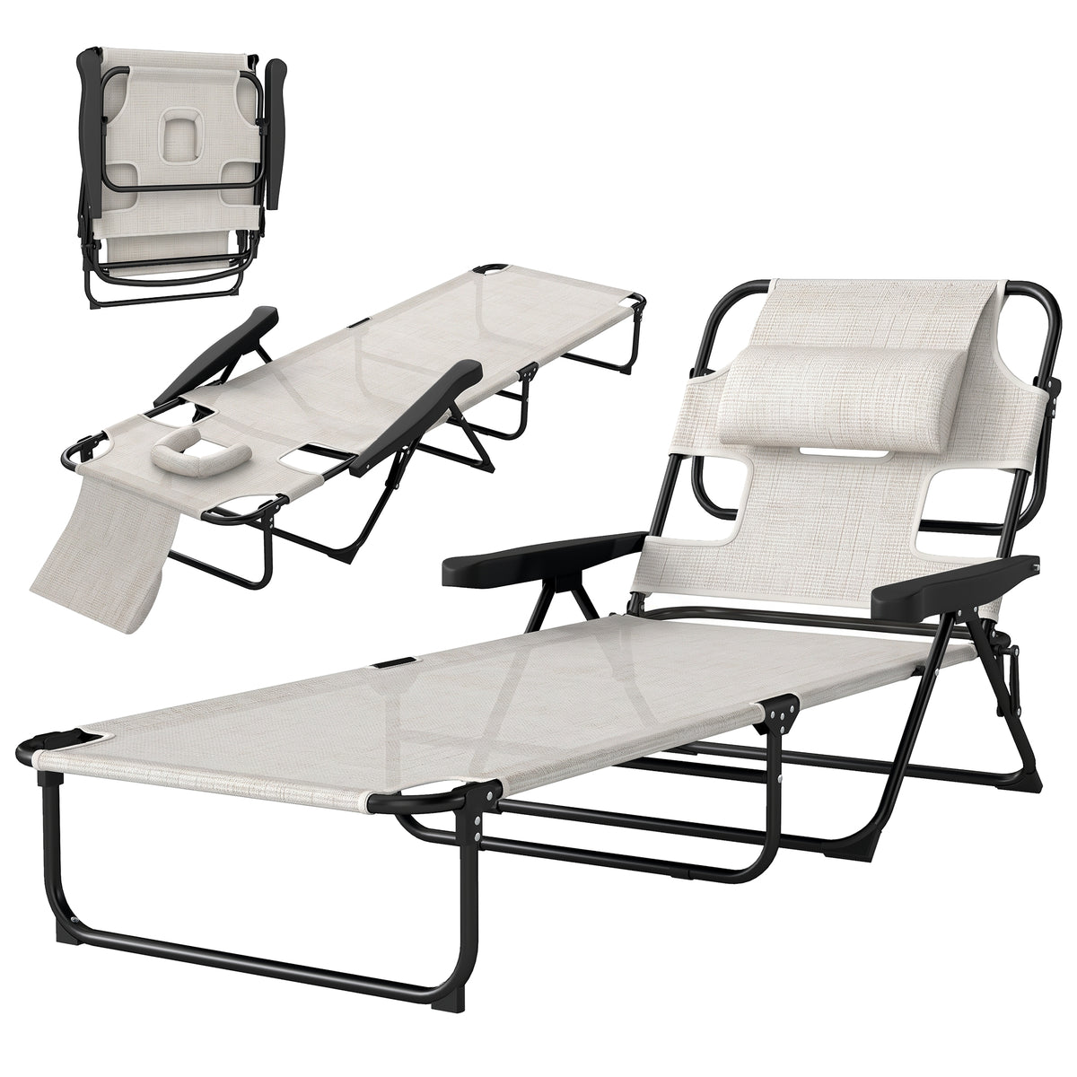 Folding Lounge Chair w/ Reclining Back, Cream White