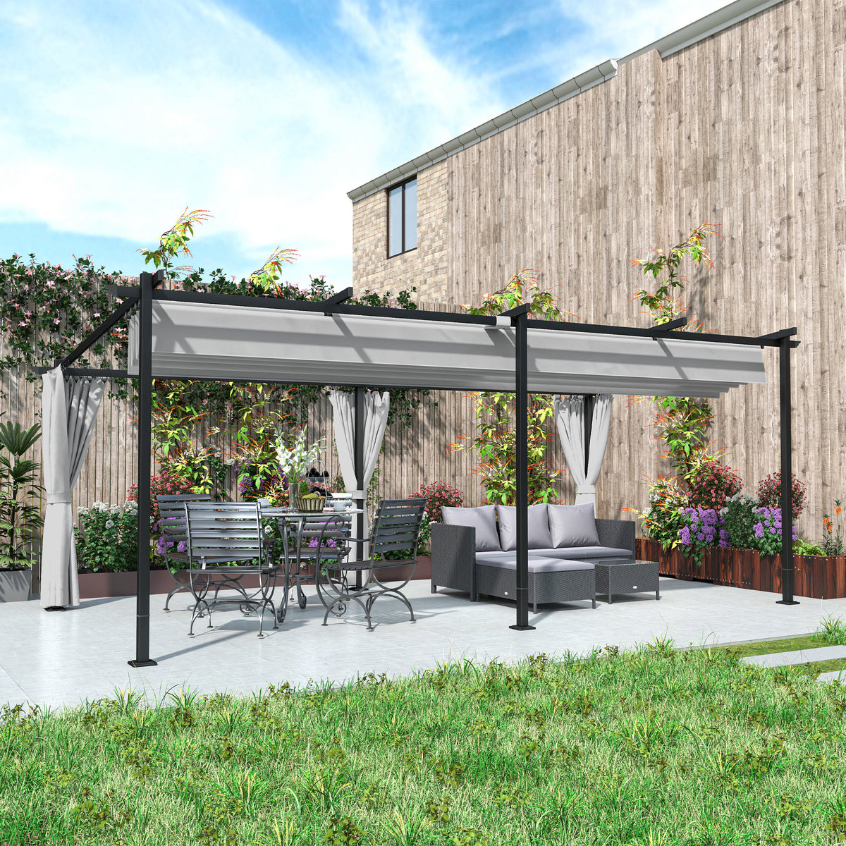 10' x 20' Metal Retractable Pergola Canopy with Sidewalls, Outdoor Gazebo UPF30+ Sun Shade Shelter for Garden, Deck