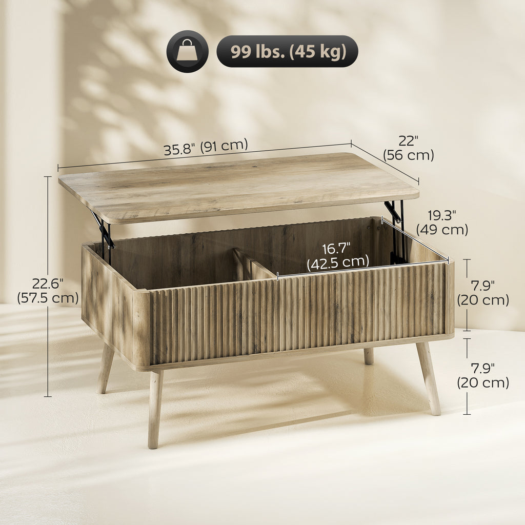 Lift Top Coffee Table with Storage, Center Table with Hidden Compartments and Pine Wood Legs for Living Room, Oak