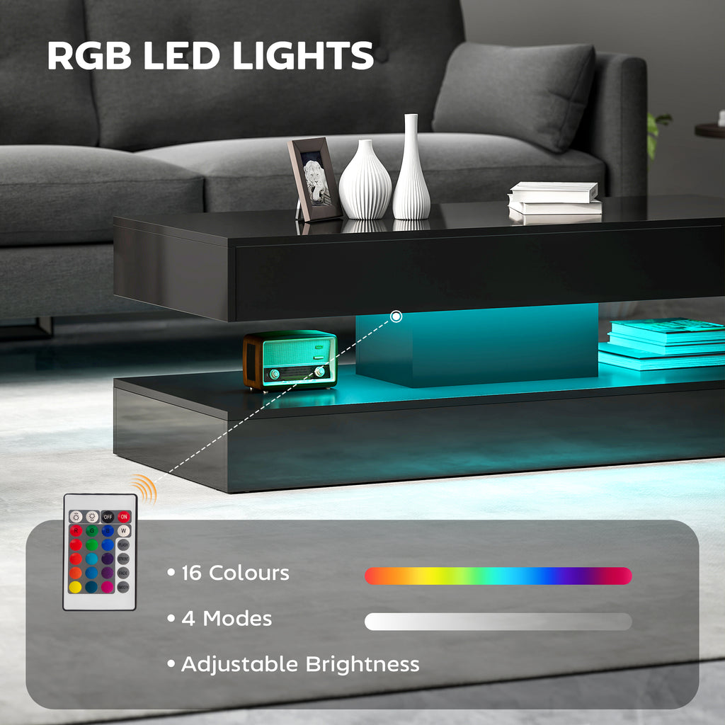 Coffee Table with Adjustable LED Lights, Modern Living Room Table with 2 Drawers, Open Shelf, Remote, High Gloss White