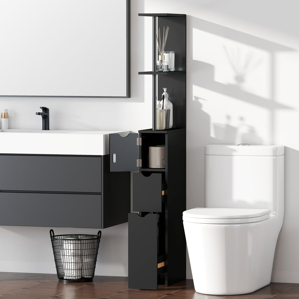Tall Bathroom Storage Cabinet, Narrow Bathroom Cabinet with Drawers and Open Shelves for Small Spaces, Brown