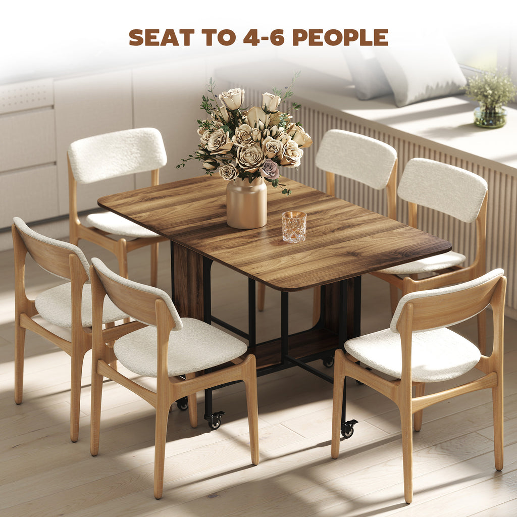 Folding Dining Table, Extendable Kitchen Table for Small Spaces with Storage Shelf and 6 Wheels, Brown Wood Grain
