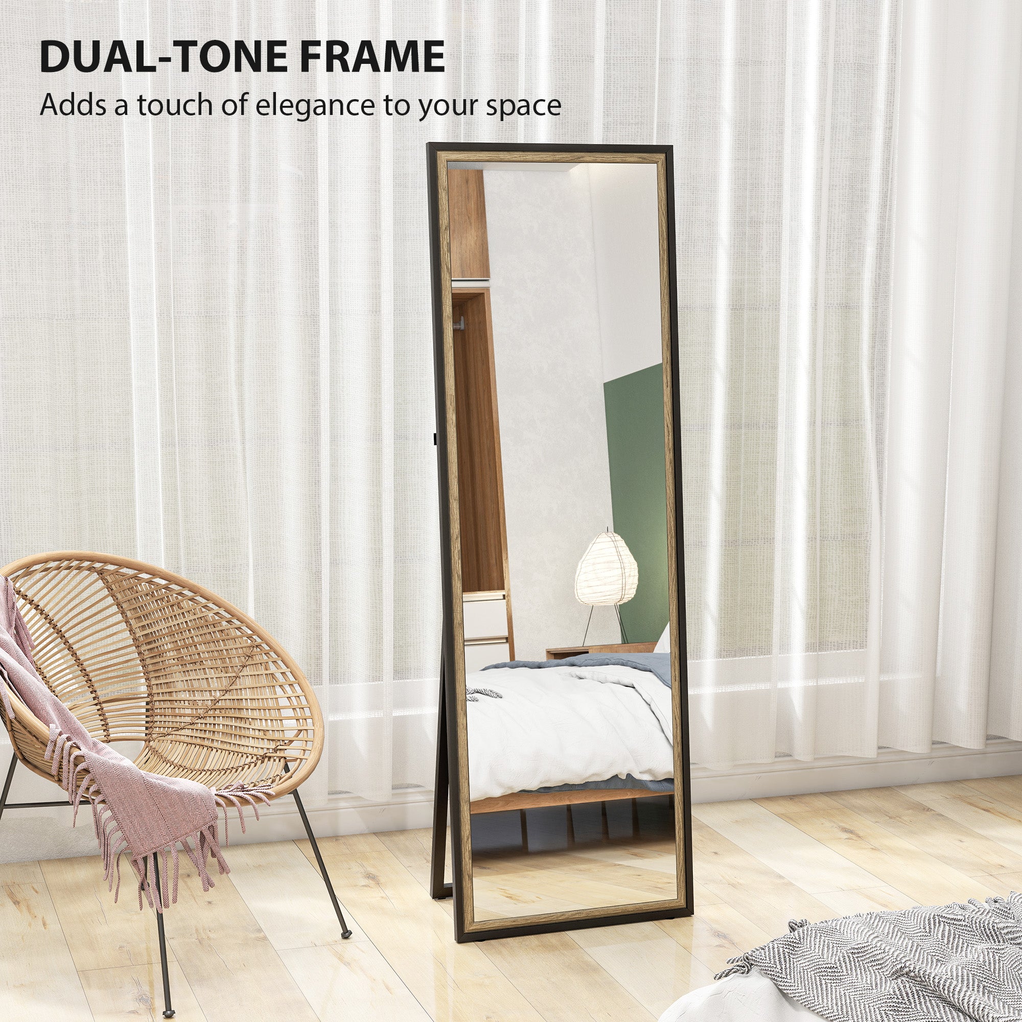 ሙሉ ቁመት መስታወት፣ 64" x 21" ርዕሰ ምስሊ ሙሉ ኣካል መስታወት ምስ ድርብ-ቀለም ፍሬም ንክፍሊ ድቃስ፣ ጸሊም