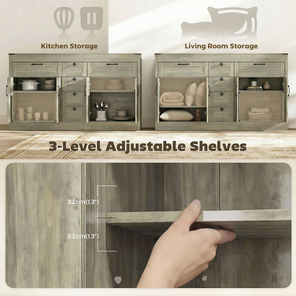 Sideboard Buffet Cabinet, 55" Farmhouse Kitchen Cabinet with 4 Barn Doors, 6 Drawers and 2 Adjustable Shelves, White